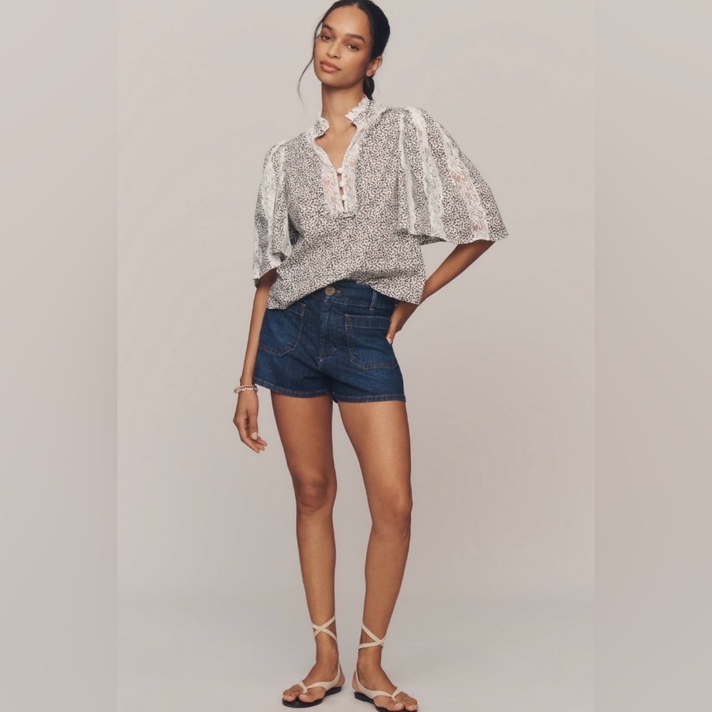 Anthropologie Cape-Sleeve Lace-Trim Blouse In: Sand - Picture 3 of 5